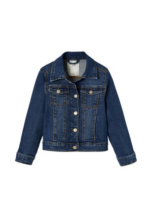 Denim jacket in dark blue with a classic collar, button closure, two chest pockets, and contrasting orange stitching. Standard fit with long sleeves.