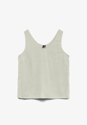 Hele beež värvi varrukateta topp, millel on laiad õlapaelad ja ümmargune kaelus, esitatud tasapinnal valgel taustal.