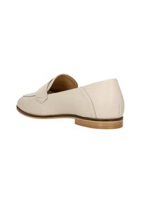 Cream leather loafers with a flat wooden sole, featuring a stitched accent on the toe and a low back design. Textured surface.