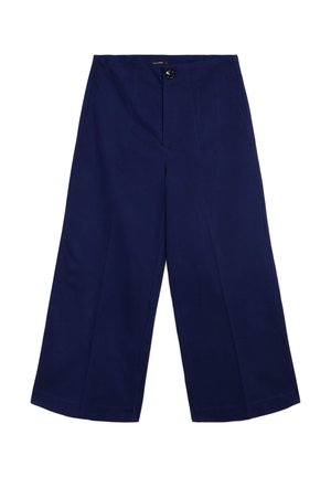 Himmelblauwe weite Hosen aus Baumwolle, mit einem vorderen Knopfverschluss, zwei Seitentaschen und einer glatten Textur.