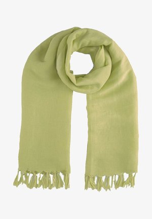 Écharpe vert clair en tissu doux, bouclée lâchement, avec des franges aux extrémités des deux côtés.