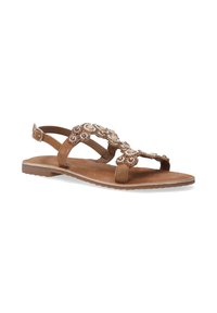 Bruine sandaal met een beaded bloemenontwerp, verstelbare enkelband, platte zool en zachte, gestructureerde inlegzool. Open teen stijl.