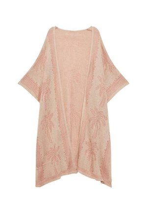 Kimono ligero en suave rosa con patrón de palmeras, con apertura frontal, mangas anchas y tejido texturizado. Ideal para superponer.