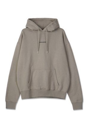 Švarkas su gobtuvu iš šviesiai pilkos medvilnės mišinio, su priekinėmis kišenėmis, raukšlėmis rankogaliuose ir apvadu, ant krūtinės spausdintas "PEGADOR" logotipas.