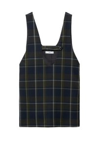 Robe à carreaux sans manches avec un décolleté carré profond, motif à carreaux bleu foncé et vert, et un petit détail bouton près du décolleté.