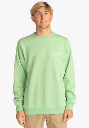 Light green crewneck sweatshirt with ribbed cuffs and hem, featuring a small white logo on the left chest. Smooth fabric texture.