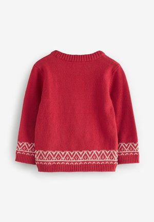 Maglione rosso in lana con collo a costine e motivo geometrico bianco sull'orlo e sui polsini. Presenta maniche lunghe e una vestibilità classica.