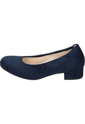 Navy blue suede ballet flats with a rounded toe and a low block heel, featuring a smooth interior and simple exterior design.