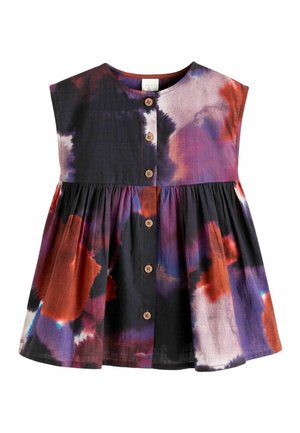 Kolorowa bezrękawnikowa bluzka bawełniana z wzorem tie-dye w odcieniach fioletu, czerwieni i czerni, z przodem zapinanym na guziki i marszczoną talią.