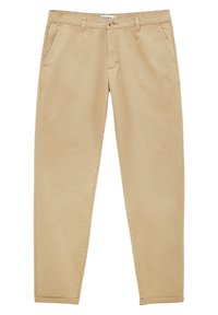 Beige Baumwollhose mit glatter Textur, geradem Bein, Vorder- taschen und Knopfverschluss am Bund.