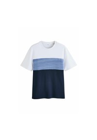 T-shirt à manches courtes avec un haut blanc, une bande horizontale texturée bleu clair et une partie inférieure bleu foncé. En coton, coupe décontractée.