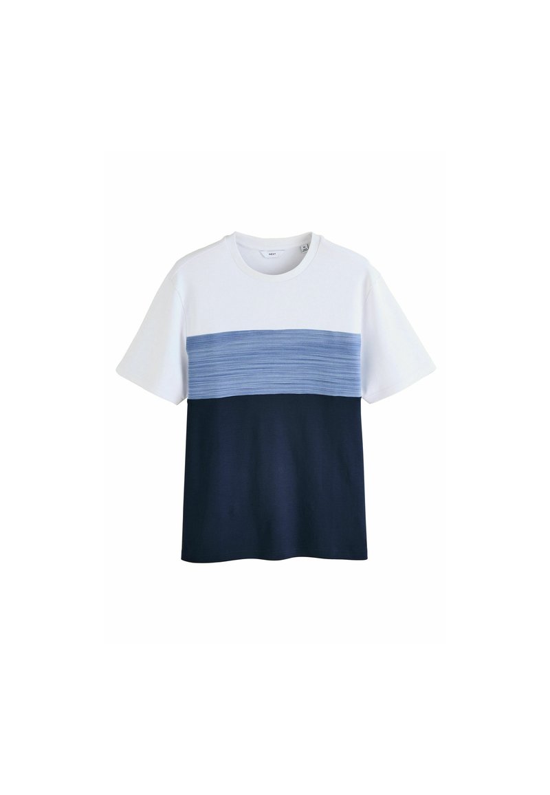 T-Shirt mit kurzen Ärmeln, weißem oberen Teil, strukturiertem hellblauen horizontalen Streifen und dunkellottem unteren Abschnitt. Aus Baumwollmaterial, lockere Passform.