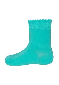 Turquoise ankle sock with a scalloped cuff, made of soft, textured material. Features a smooth toe seam and lightweight design.