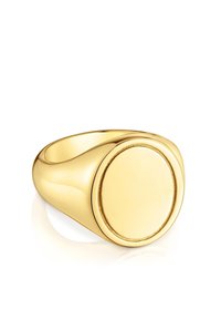 Gold ring with a smooth, rounded band and a large, flat circular top. The surface is shiny and reflective without any engravings or patterns.