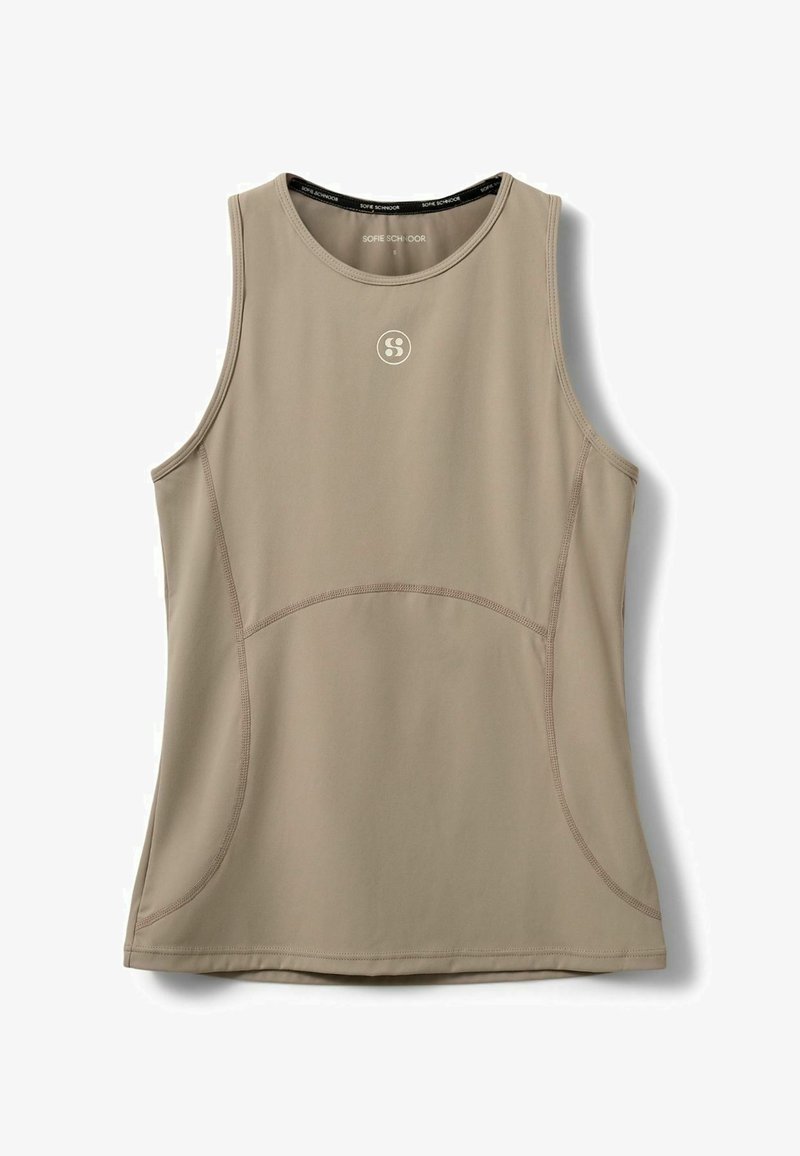 Débardeur sportif beige sans manches avec encolure ronde, design subtil avec panneaux cousus et petit logo blanc au centre de la poitrine.