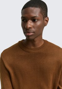 Brauner Strickpullover mit Rundhalsausschnitt, versehen mit einem gerippten Saum und einer weichen Textur, getragen von einer Person mit kurzen schwarzen Haaren.