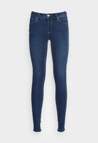 Tummansiniset skinny-farkut, jotka on valmistettu denimistä, ja joissa on perinteinen viiden taskun muotoilu, etupainikekiinnitys ja hienovaraiset ompelu yksityiskohdat.