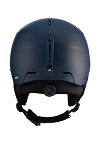 Sininen matta laskettelukypärä, jossa on virtaviivainen muoto, säädettävä istuvuusnuppi takana ja ilmanvaihtoreiät. Sisäpuolella on pehmustettu vuori.