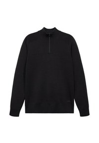 Maglione nero a maglia con colletto alto, chiusura a mezza zip e dettagli testurizzati sulle spalle. Presenta un piccolo logo sull'orlo.