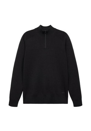 Maglione nero a maglia con colletto alto, chiusura a mezza zip e dettagli testurizzati sulle spalle. Presenta un piccolo logo sull'orlo.