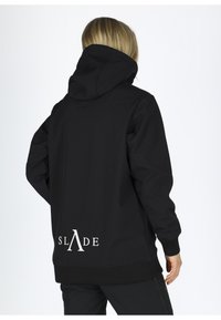 Black hooded sweatshirt with a smooth texture, relaxed fit, and a white logo on the back. Features ribbed cuffs and hem.