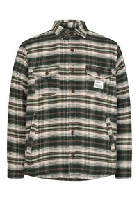 Kostkovaná košile-jacket v zelené a krémové barvě, vyrobená z měkké tkaniny, s knoflíkovým zapínáním, dvěma kapsami na hrudi a klasickým límečkem.