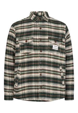 Veste en flanelle à carreaux verts et crème, fabriquée en tissu doux, avec des fermetures à boutons, deux poches poitrine et un col classique.