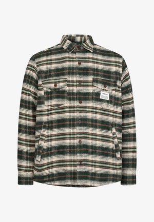 Groene en crèmekleurige geruite overhemdjas van zacht materiaal, met knoopsluitingen, twee borstzakken en een klassiek kraagontwerp.