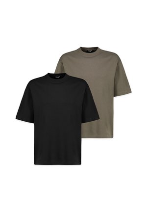 Zwei einfarbige T-Shirts mit Rundhalsausschnitt und kurzen Ärmeln, eines vorne schwarz und eines hinten olivgrün, auf weißem Hintergrund dargestellt.