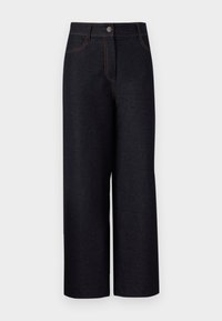 Mørke denim belte bukser har høy liv, kontrasterende oransjefargede sømmer, forkante lommer og en knappelukking foran.
