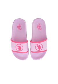 Růžové gumové skluzné sandály s texturovanou vnitřní podložkou, širokým horním páskem se zaobleným logem a embosovaným designem na stélce.