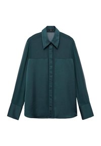 Teal button-up shirt in lightweight satin with a pointed collar, long sleeves, and two front pockets. Smooth texture, relaxed fit.