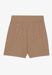 Hnědé šortky vyrobené z hladké tkaniny, s širokým pasem a bočními kapsami s akcenty zlatých knoflíků. Klasický, přizpůsobený design.