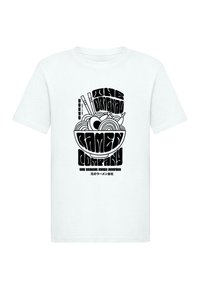 White cotton t-shirt featuring black graphic design of a ramen bowl with chopsticks and stylized text reading "The Original Ramen Company."