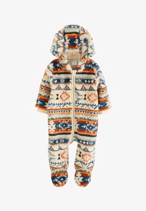 Fleecekåbe til baby med hætte og ører, med lynlås foran og flerfarvet geometrisk mønster i blå, orange og creme toner.