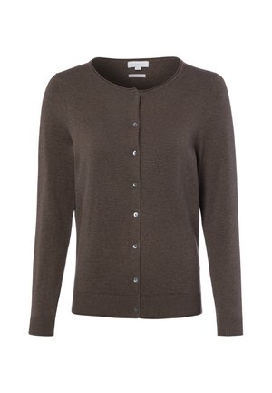 Cardigan marrone lavorato a maglia a maniche lunghe con scollo rotondo e chiusura frontale con bottoni, polsini e orlo a coste, mostrato su sfondo bianco.