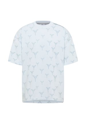 Short-sleeve cotton T-shirt in light blue with an all-over tonal floral pattern and a crew neckline. Features brand logo on the shoulder.