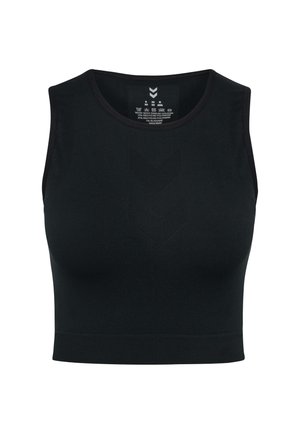 Zwarte atletische crop top gemaakt van gerecycled polyester en elastaan. Kenmerkt zich door een ronde halslijn en een reliëf chevronpatroon aan de voorkant.