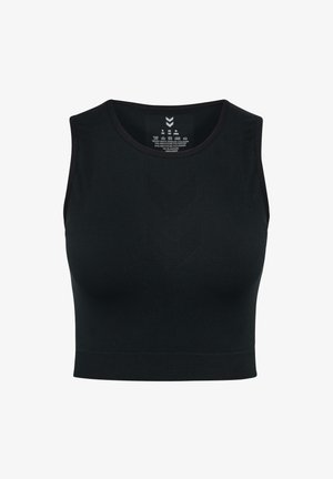 Zwarte atletische crop top gemaakt van gerecycled polyester en elastaan. Kenmerkt zich door een ronde halslijn en een reliëf chevronpatroon aan de voorkant.