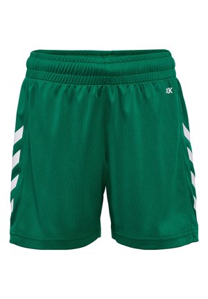 Groene sportieve shorts van een lichtgewicht stof met een elastische tailleband. Heeft witte diagonale strepen aan beide zijden en een logodetail.