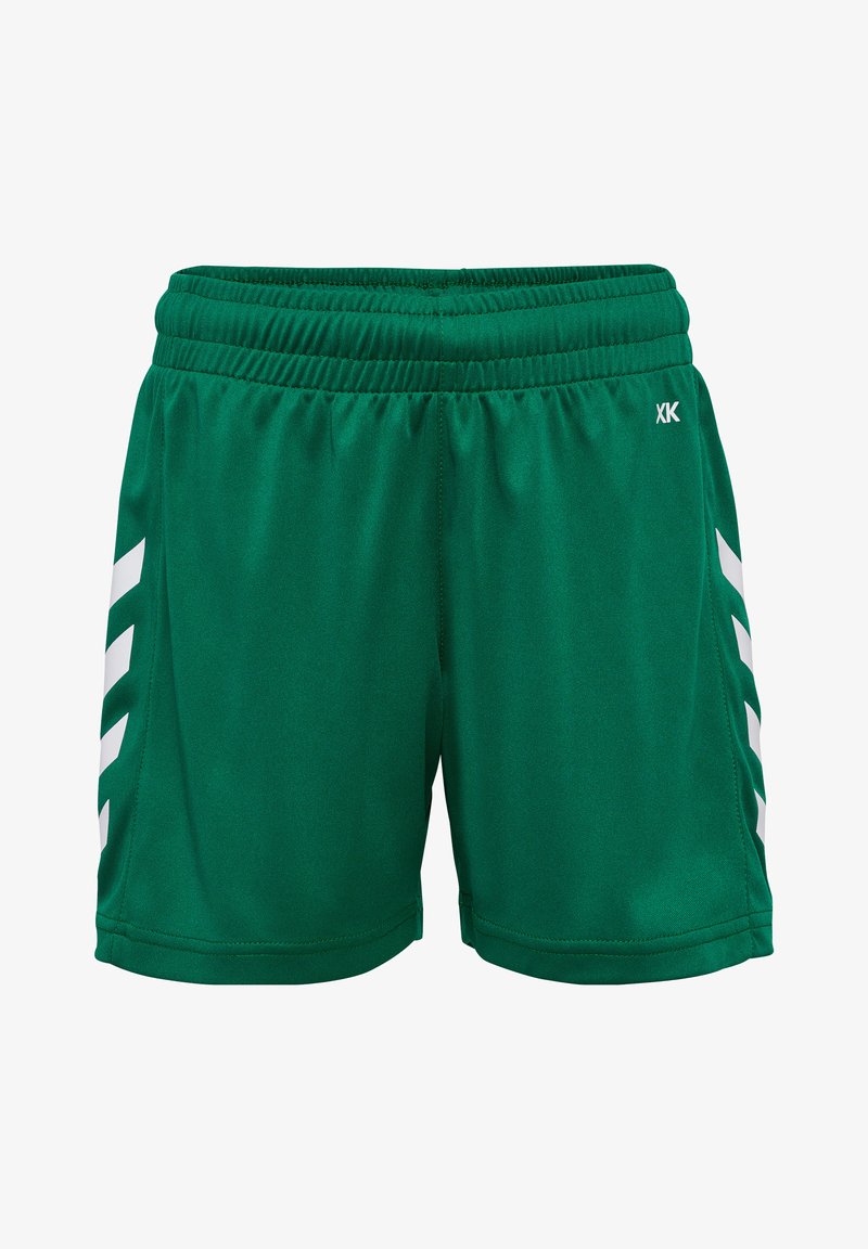 Grønne atletiske shorts i et let materiale med elastisk talje. Har hvide skrå striber på begge sider og et logo-detalje.