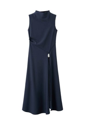 Abito senza maniche blu navy con collo alto, tessuto testurizzato, forma ad A e un accento decorativo in argento in vita.