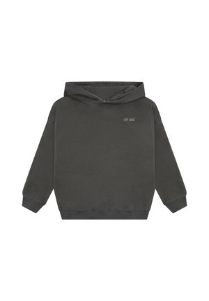Sweat à capuche gris foncé à manches longues avec un petit texte "OFF GRID" sur la partie supérieure gauche de la poitrine.