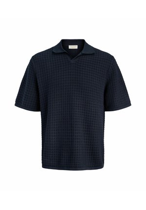 Marineblaue kurzärmelige Poloshirt mit strukturiertem Waffelmuster und weichem Kragen, auf weißem Hintergrund dargestellt.