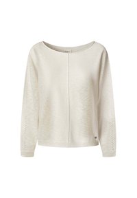 Maglione in maglia beige chiaro con scollatura ampia, maniche a tre quarti e motivi a pizzo sulle maniche. Texture morbida e taglio casual.