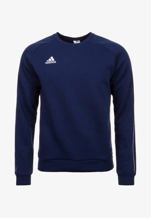 Sweat-shirt Adidas bleu marine à col rond avec manches longues et logo Adidas blanc sur le haut gauche de la poitrine.