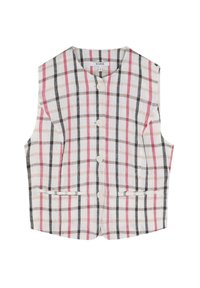 Gilet in lino con un motivo a quadri beige, rosa e grigio. Presenta un scollo a V, chiusura con bottoni e due tasche frontali. Tessuto leggero.