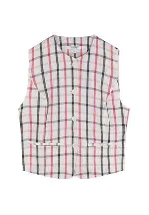 Gilet in lino con un motivo a quadri beige, rosa e grigio. Presenta un scollo a V, chiusura con bottoni e due tasche frontali. Tessuto leggero.