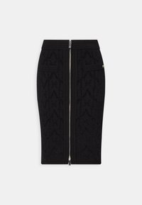 Zwarte kokerrok van textuurstof met een herhalend patroon, ritssluiting aan de voorkant en twee zakken. Geribbelde tailleband.
