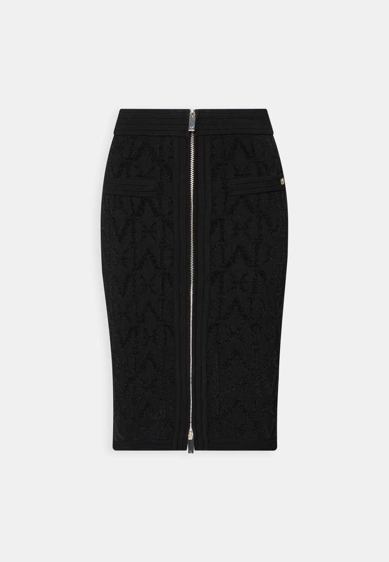 Zwarte kokerrok van textuurstof met een herhalend patroon, ritssluiting aan de voorkant en twee zakken. Geribbelde tailleband.